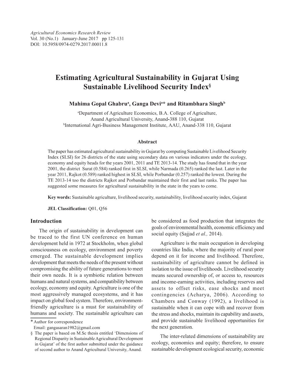 Estimating Agricultural Sustainability in Gujarat Using Sustainable Livelihood Security Index§