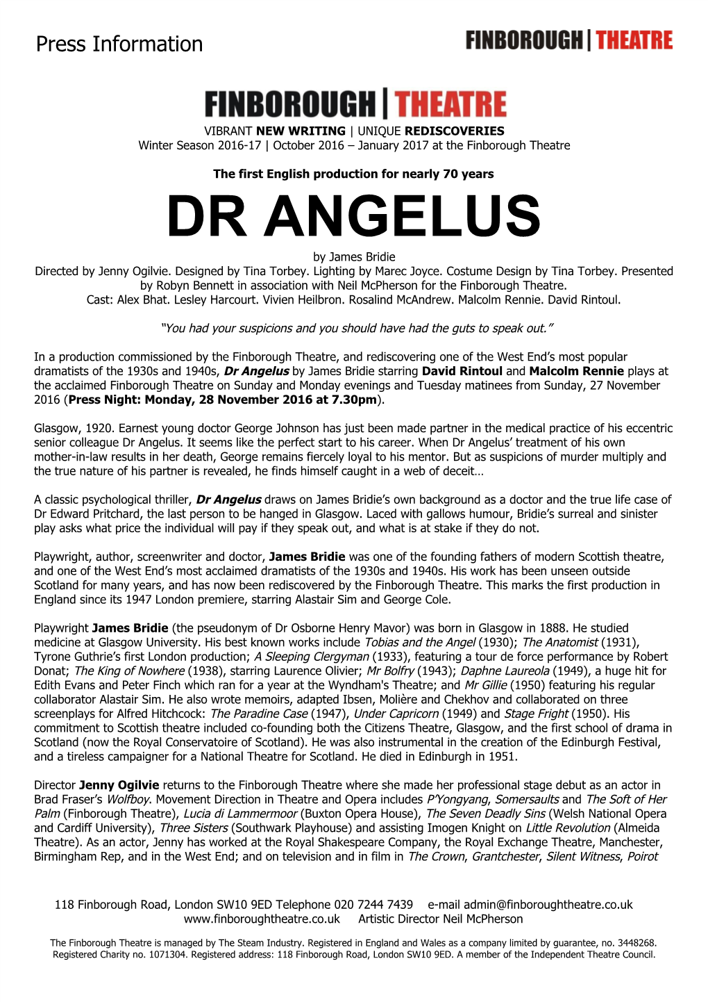 DR ANGELUS by James Bridie Directed by Jenny Ogilvie