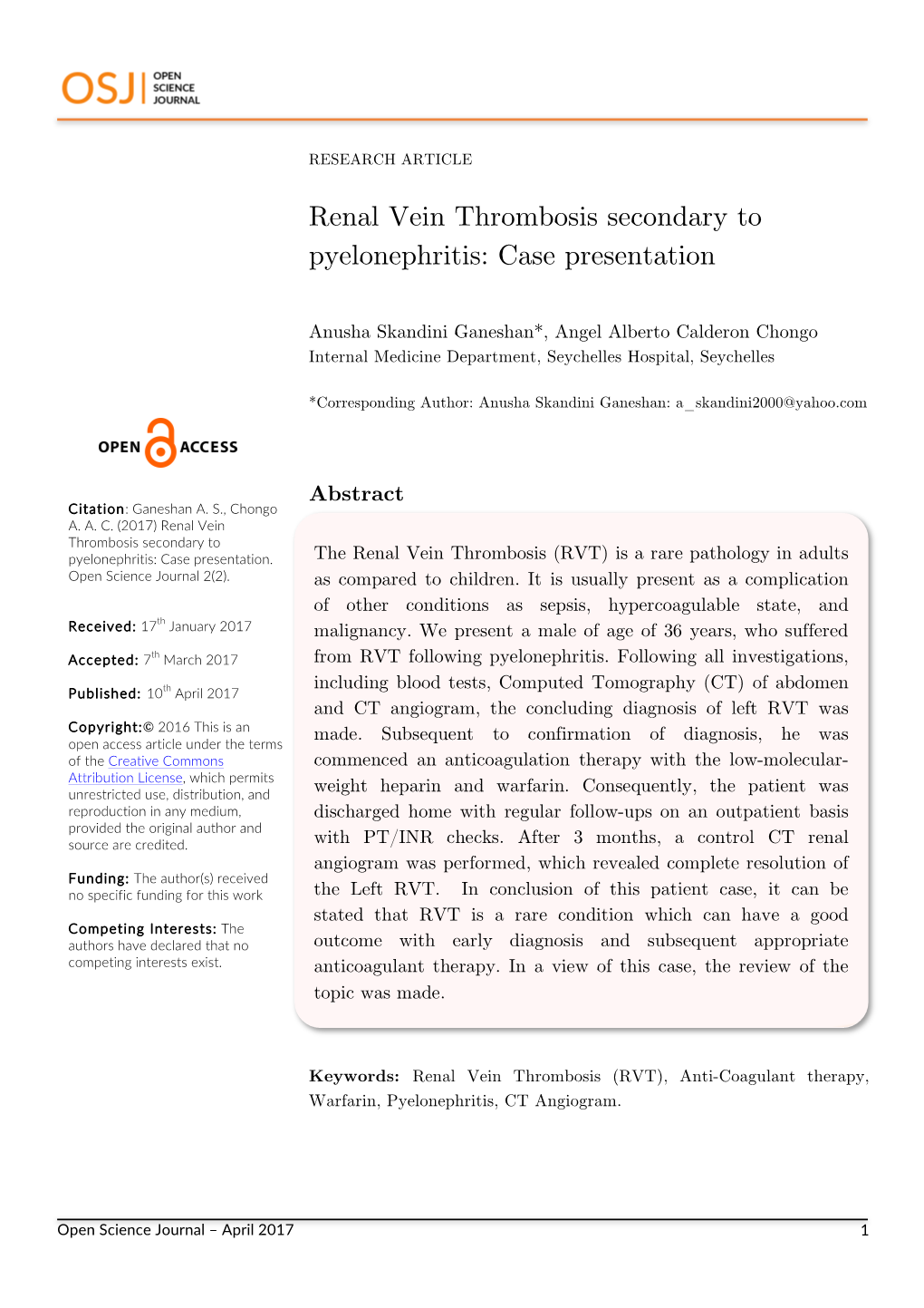 Renal Vein Thrombosis Secondary to Pyelonephritis: Case Presentation