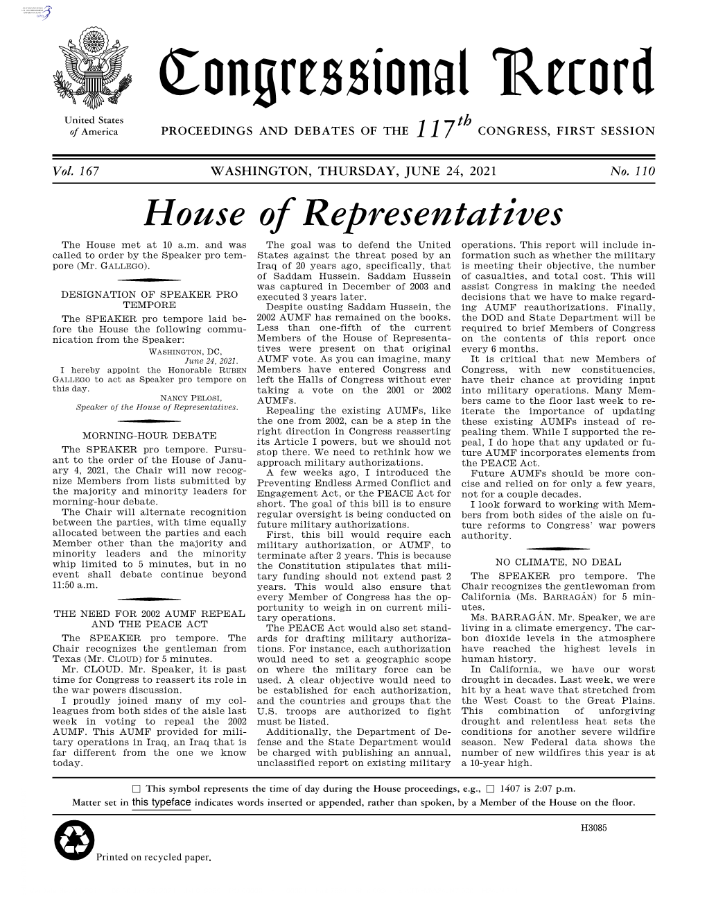 Congressional Record United States Th of America PROCEEDINGS and DEBATES of the 117 CONGRESS, FIRST SESSION