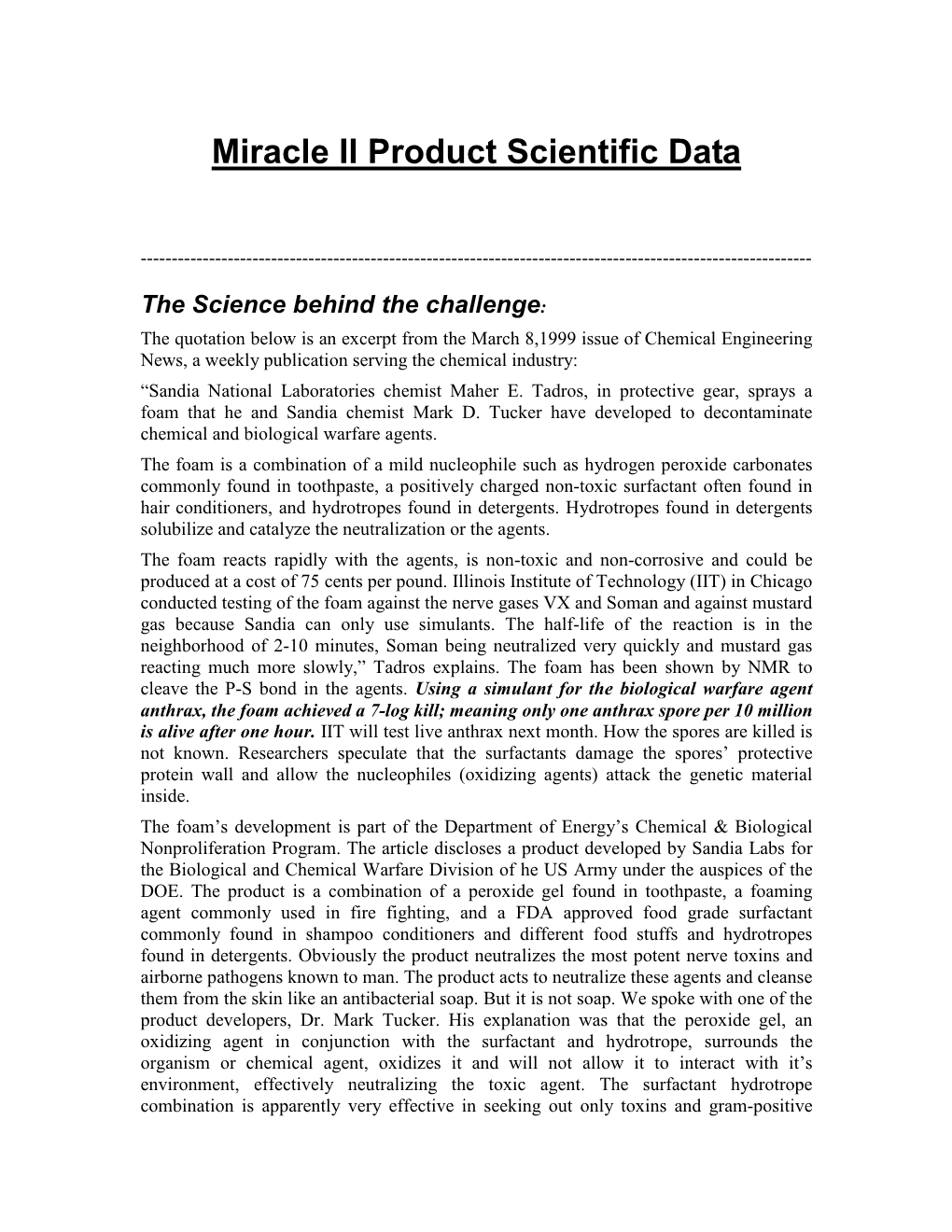 Miracle II Product Scientific Data