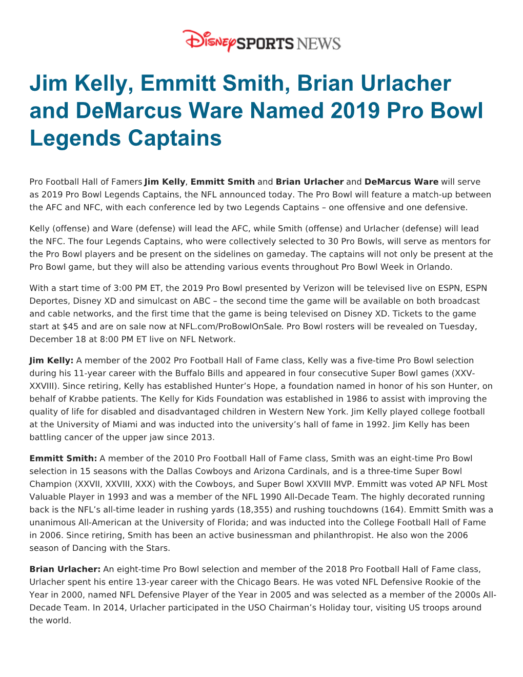 Jim Kelly, Emmitt Smith, Brian Urlacher and Demarcus Ware Named 2019 Pro Bowl Legends Captains