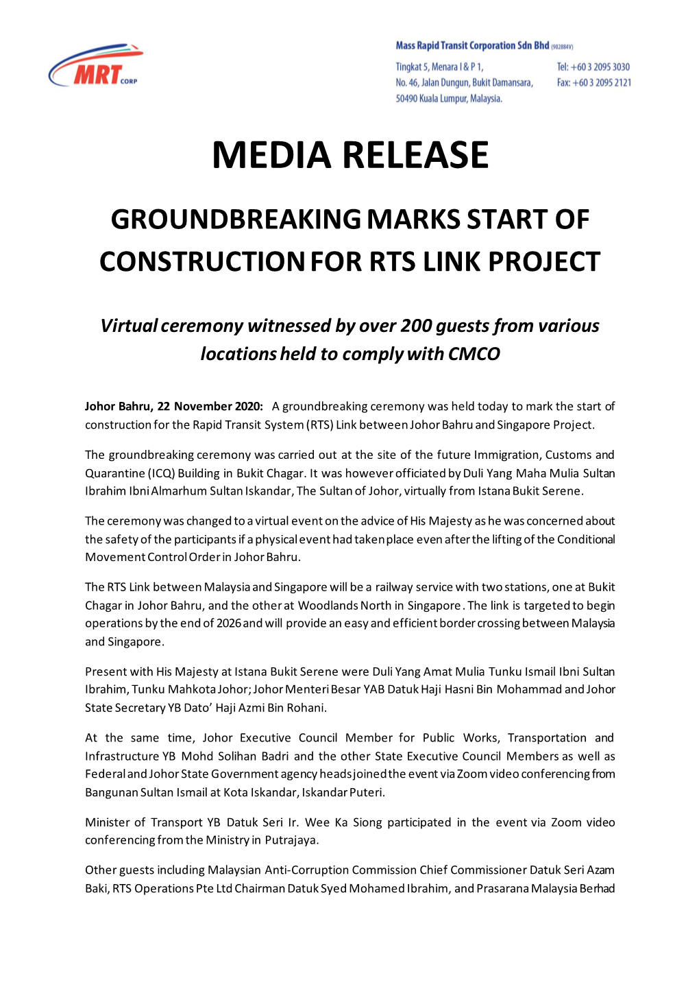 Media Release Groundbreaking Marks Start of Construction for Rts Link Project