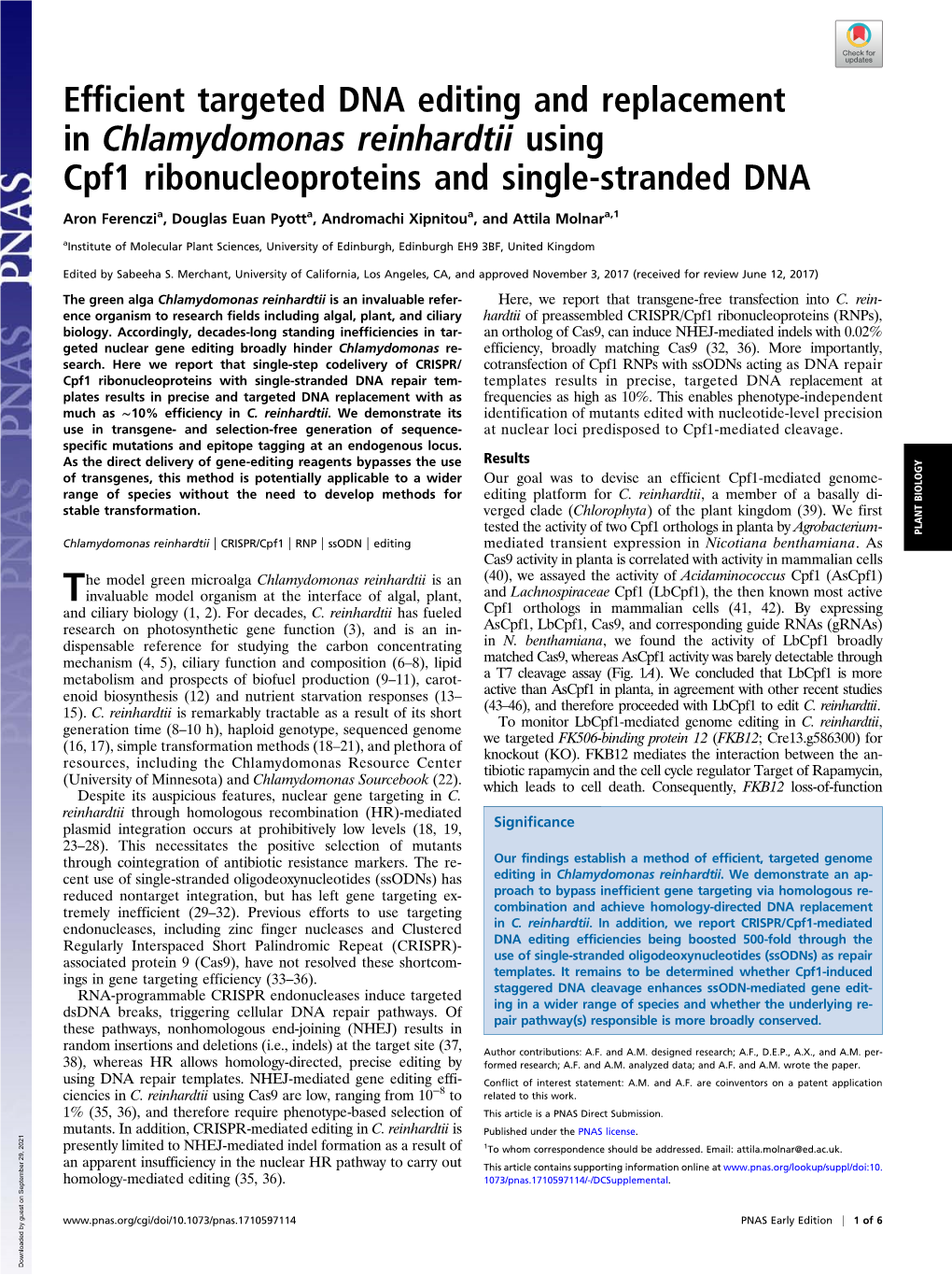 Efficient Targeted DNA Editing and Replacement in Chlamydomonas Reinhardtii Using Cpf1 Ribonucleoproteins and Single-Stranded DNA