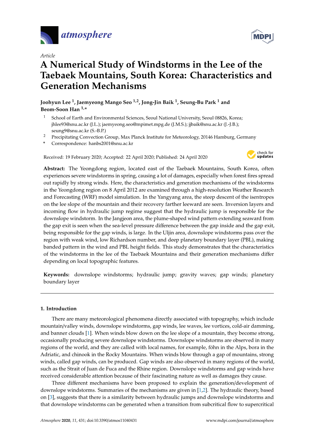 A Numerical Study of Windstorms in the Lee of the Taebaek Mountains, South Korea: Characteristics and Generation Mechanisms