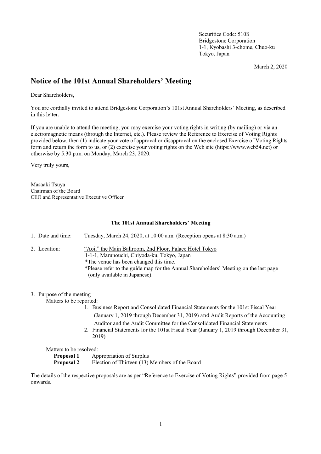 Notice of the 101St Annual Shareholders' Meeting