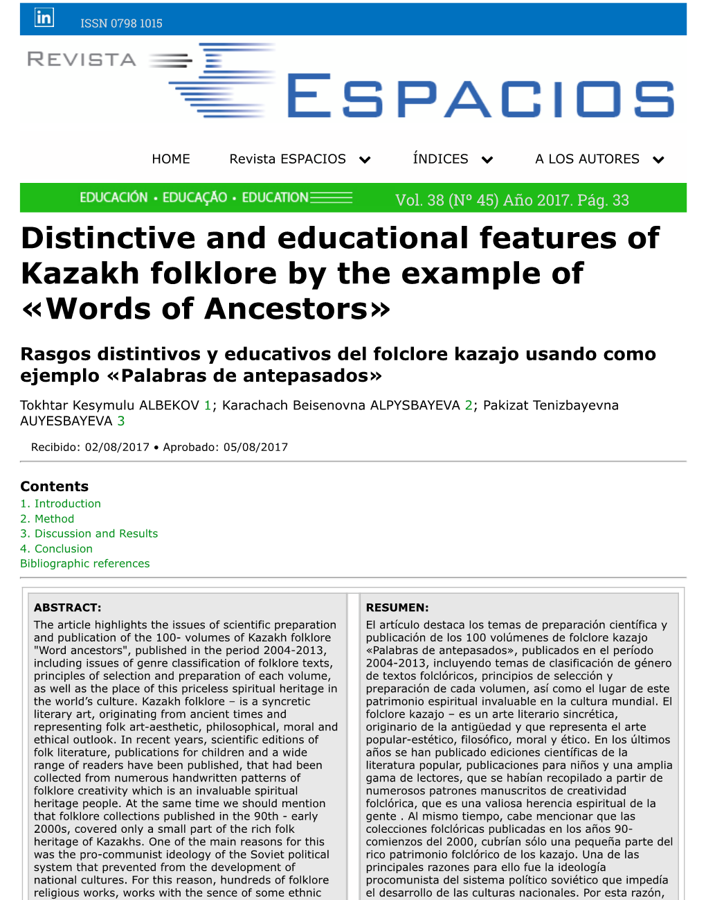 Distinctive and Educational Features of Kazakh Folklore by the Example of «Words of Ancestors»
