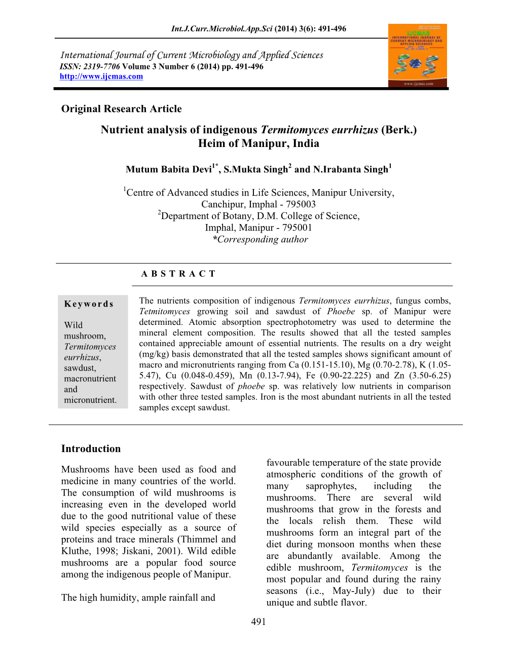 Nutrient Analysis of Indigenous Termitomyces Eurrhizus (Berk.) Heim of Manipur, India