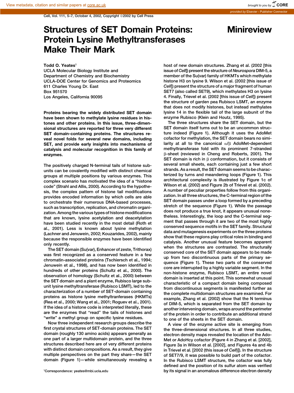 Minireview Structures of SET Domain Proteins