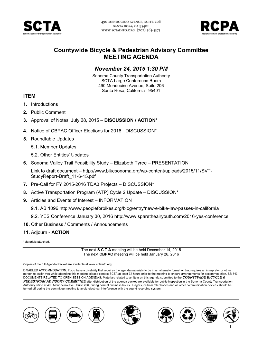 Technical Advisory Committee Meeting Agenda for November 24, 2015