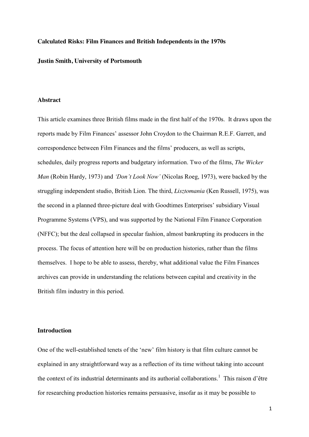 Film Finances and British Independents in the 1970S