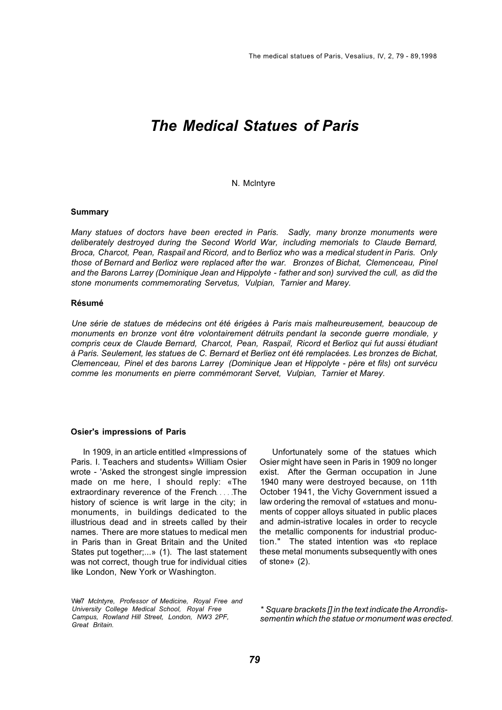 The Medical Statues of Paris, Vesalius, IV, 2, 79 - 89,1998