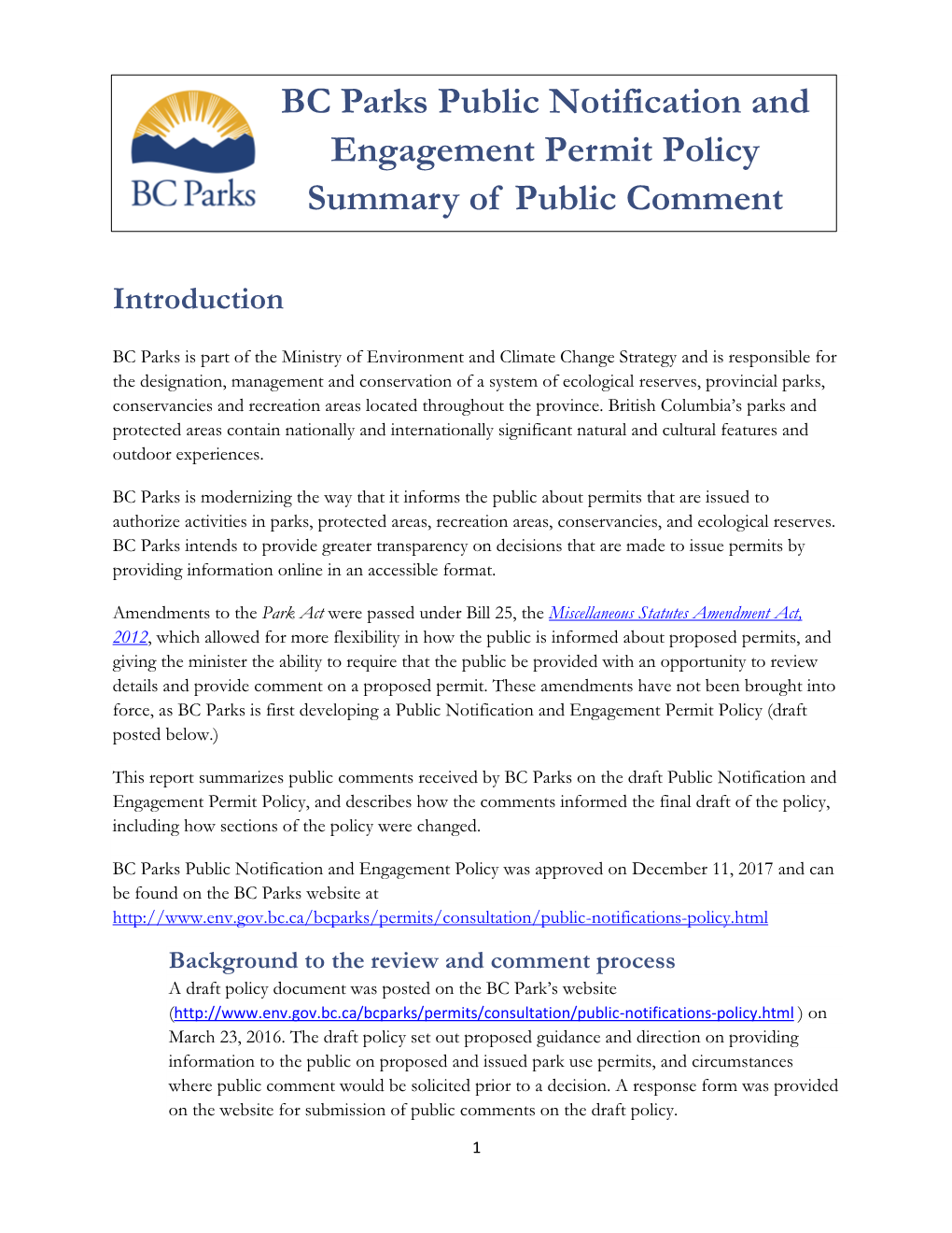 BC Parks Public Notification and Engagement Permit Policy Summary of Public Comment