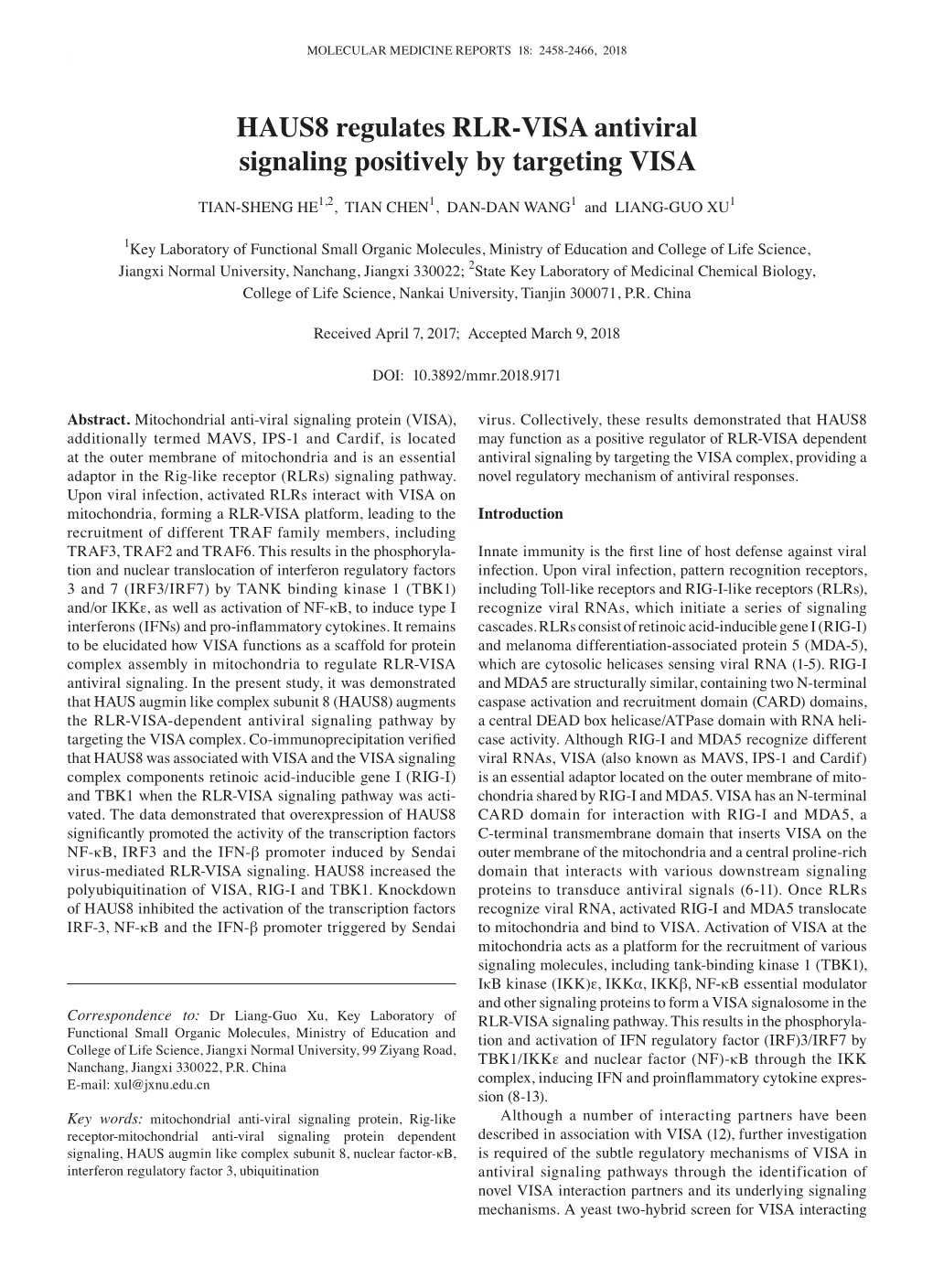 HAUS8 Regulates RLR‑VISA Antiviral Signaling Positively by Targeting VISA