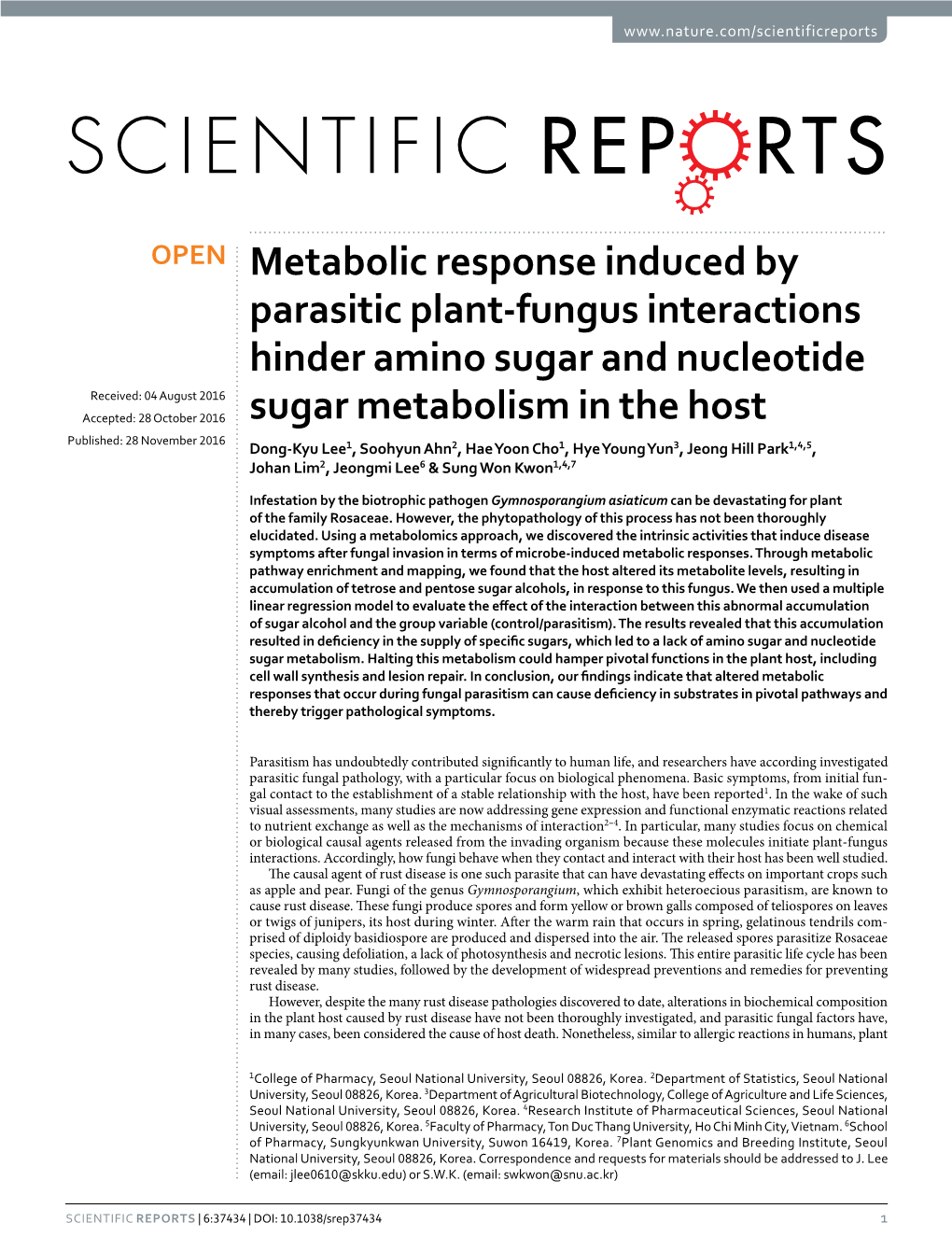 Metabolic Response Induced by Parasitic Plant-Fungus Interactions