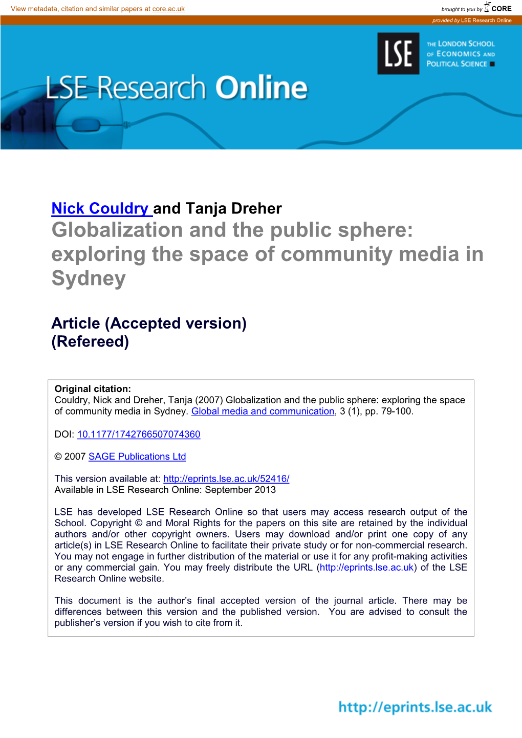 Globalization and the Public Sphere: Exploring the Space of Community Media in Sydney