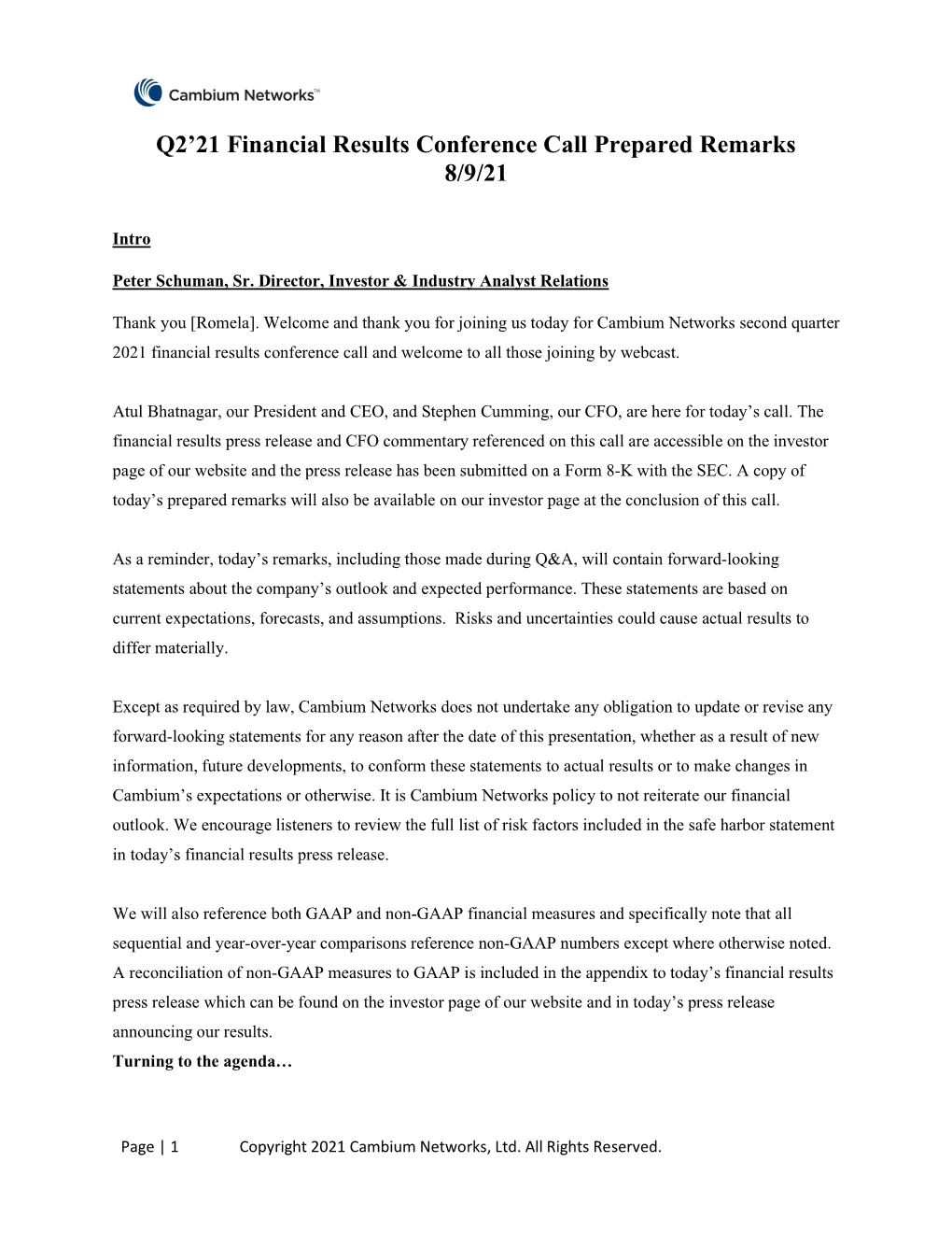 Q2'21 Financial Results Conference Call Prepared Remarks 8/9/21