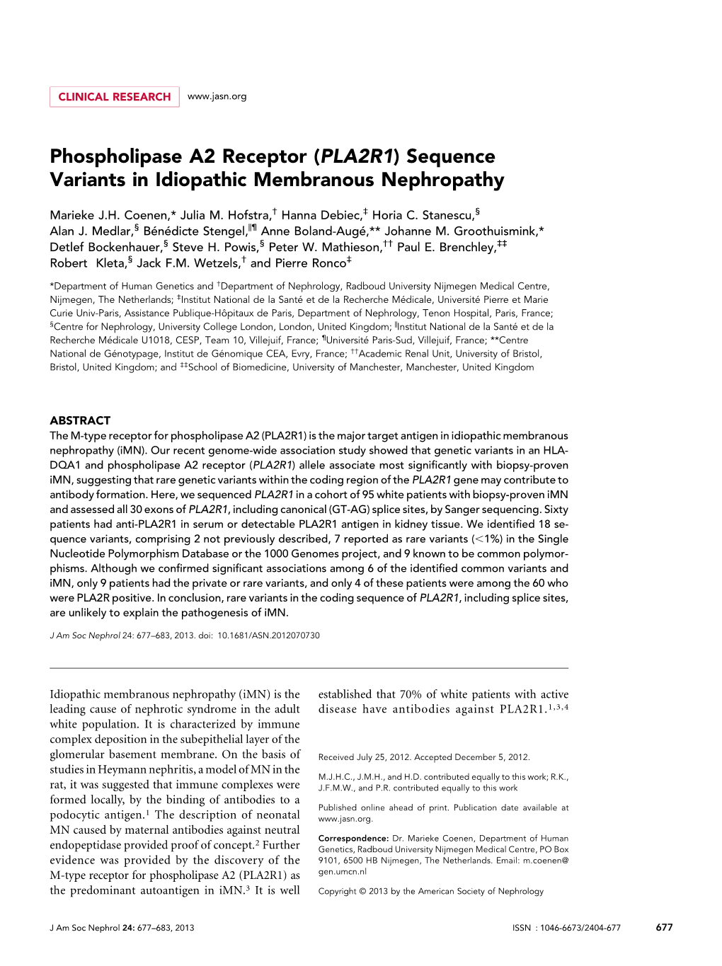 (PLA2R1) Sequence Variants in Idiopathic Membranous Nephropathy