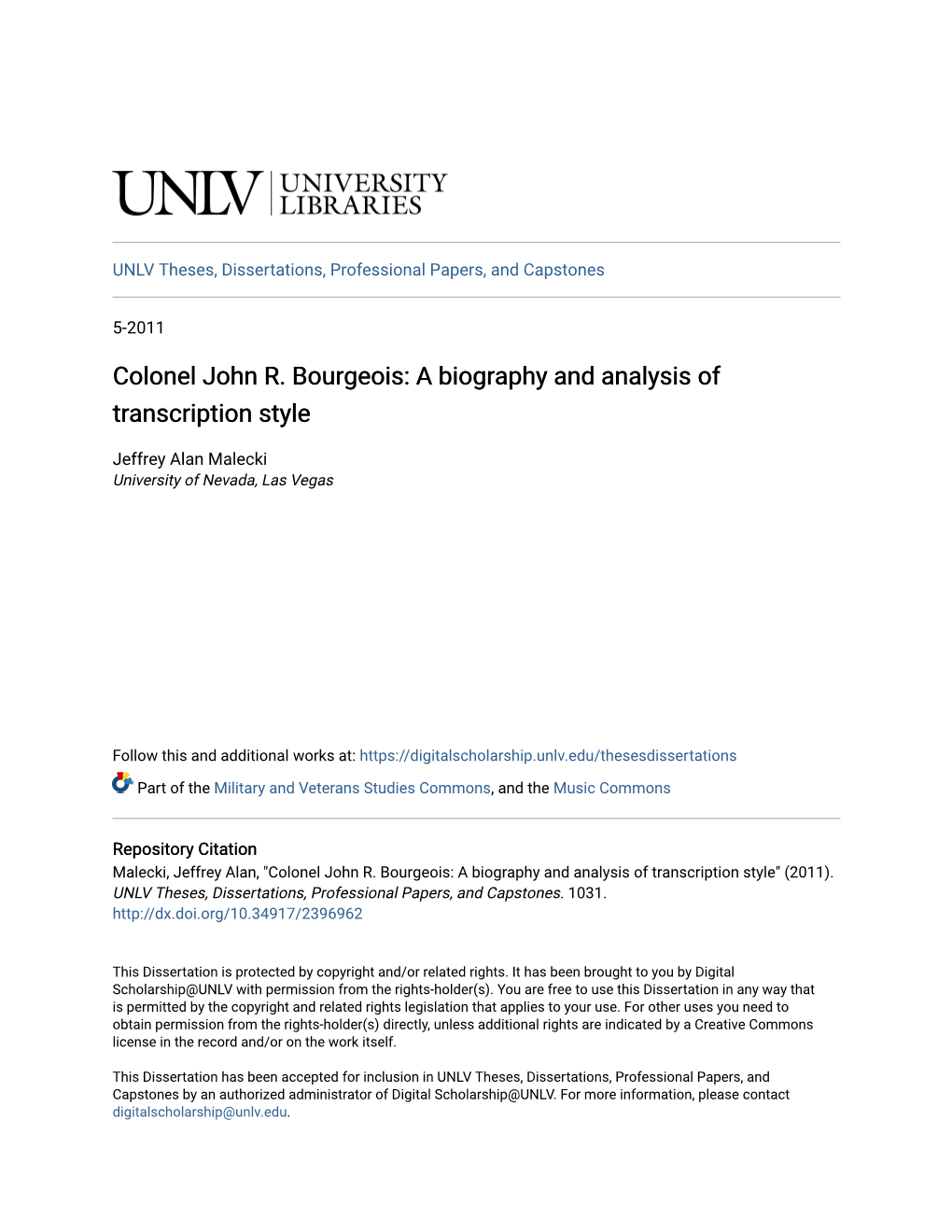 Colonel John R. Bourgeois: a Biography and Analysis of Transcription Style