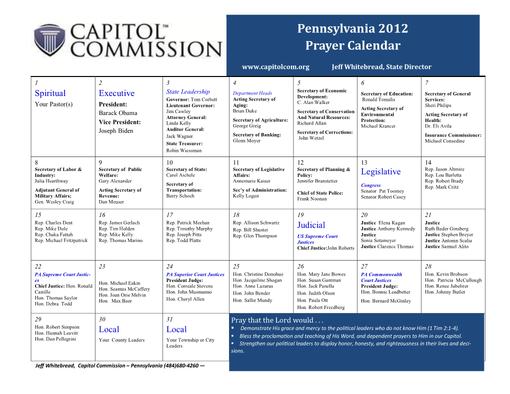 Pennsylvania 2012 Prayer Calendar