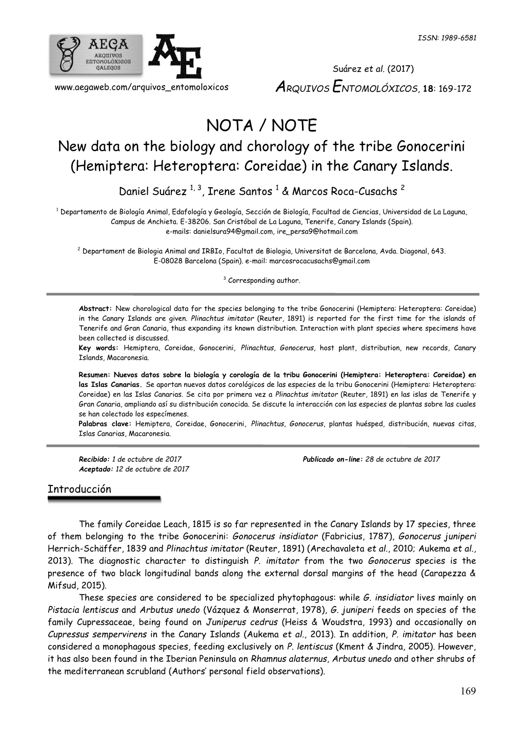 NOTA / NOTE New Data on the Biology and Chorology of the Tribe Gonocerini