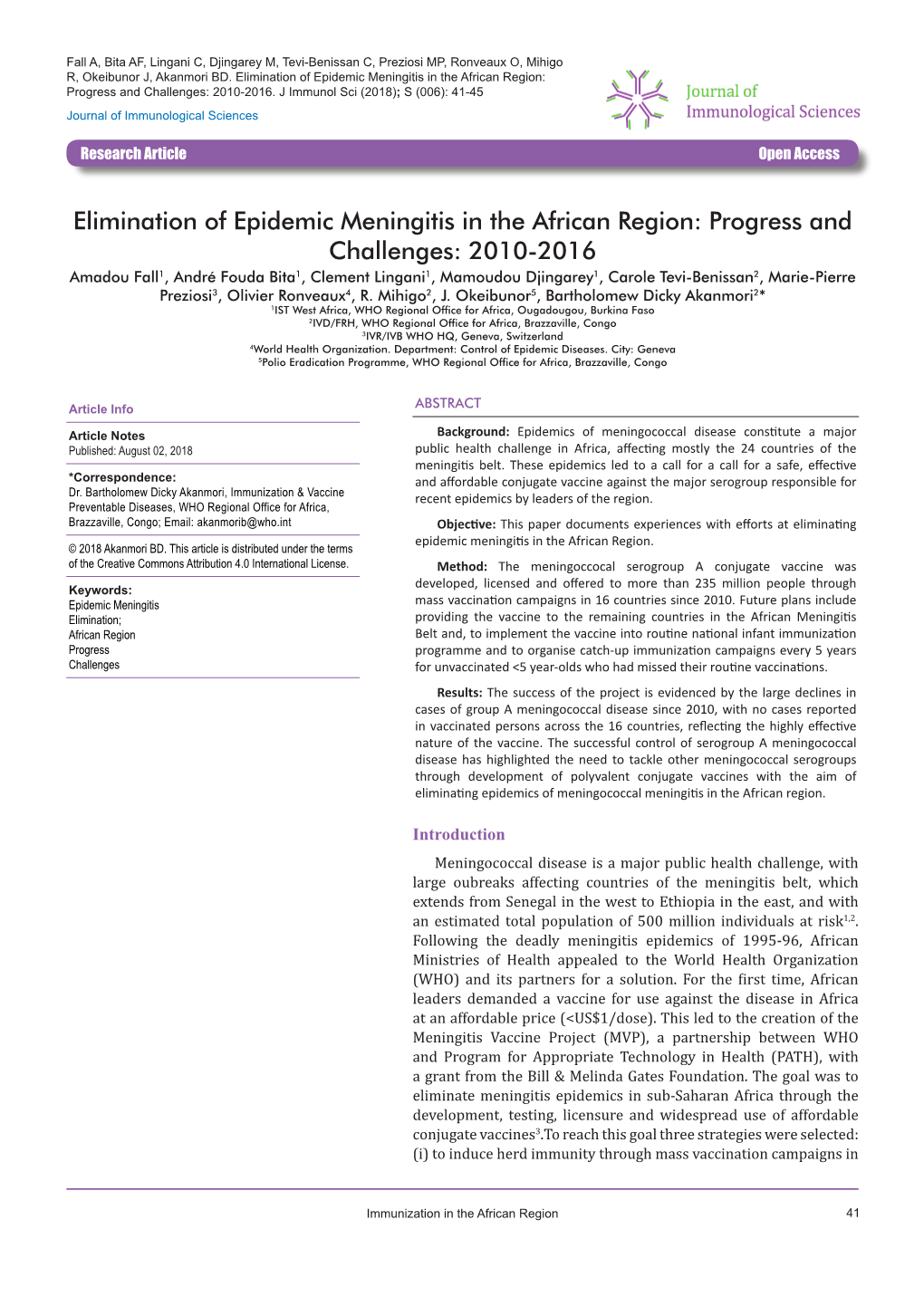 Elimination of Epidemic Meningitis in the African Region: Progress and Challenges: 2010-2016