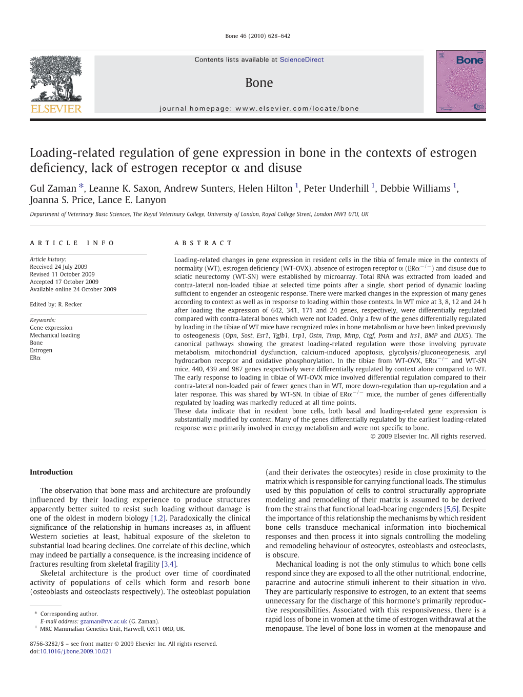 Loading-Related Regulation of Gene Expression in Bone in the Contexts of Estrogen Deﬁciency, Lack of Estrogen Receptor Α and Disuse