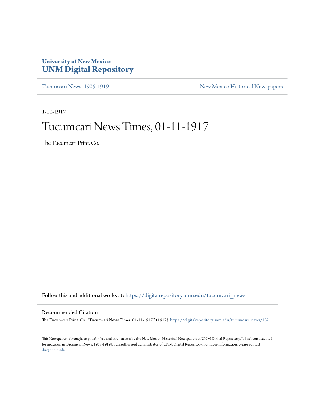 Tucumcari News Times, 01-11-1917 the Uct Umcari Print