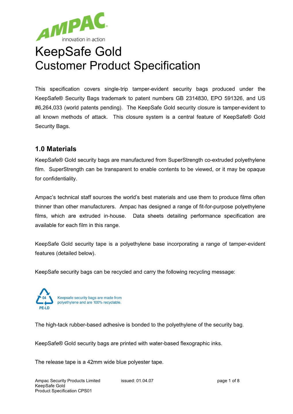 Keepsafe Gold Customer Product Specification