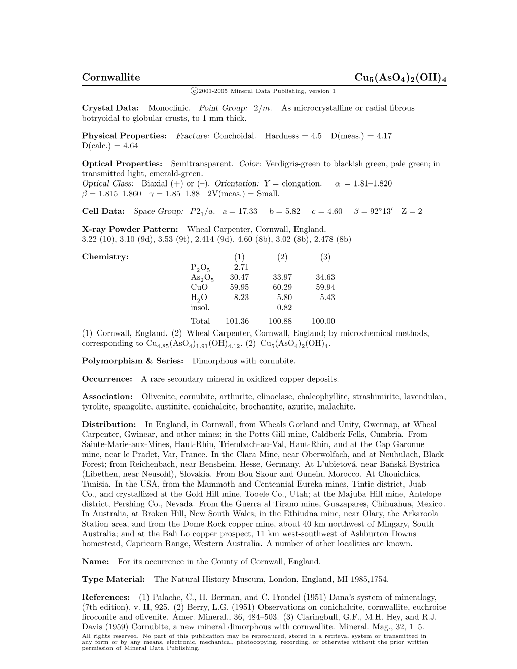 Cornwallite Cu5(Aso4)2(OH)4 C 2001-2005 Mineral Data Publishing, Version 1