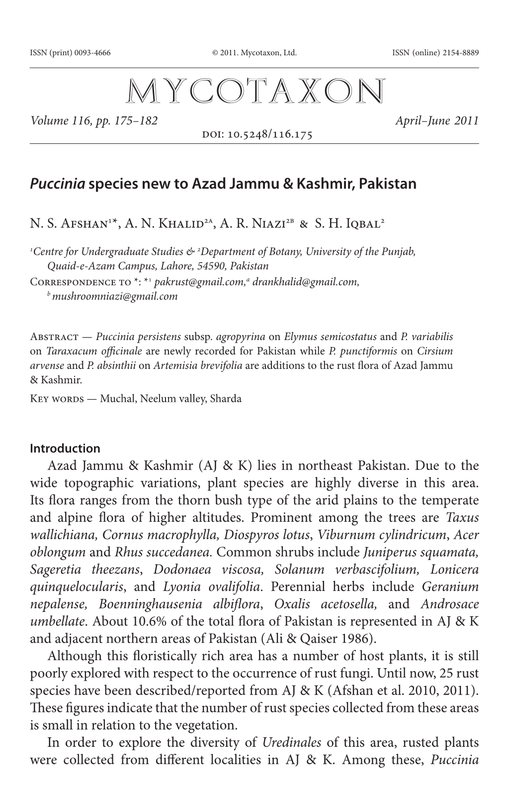 <I>Puccinia</I> Species New to Azad Jammu & Kashmir, Pakistan