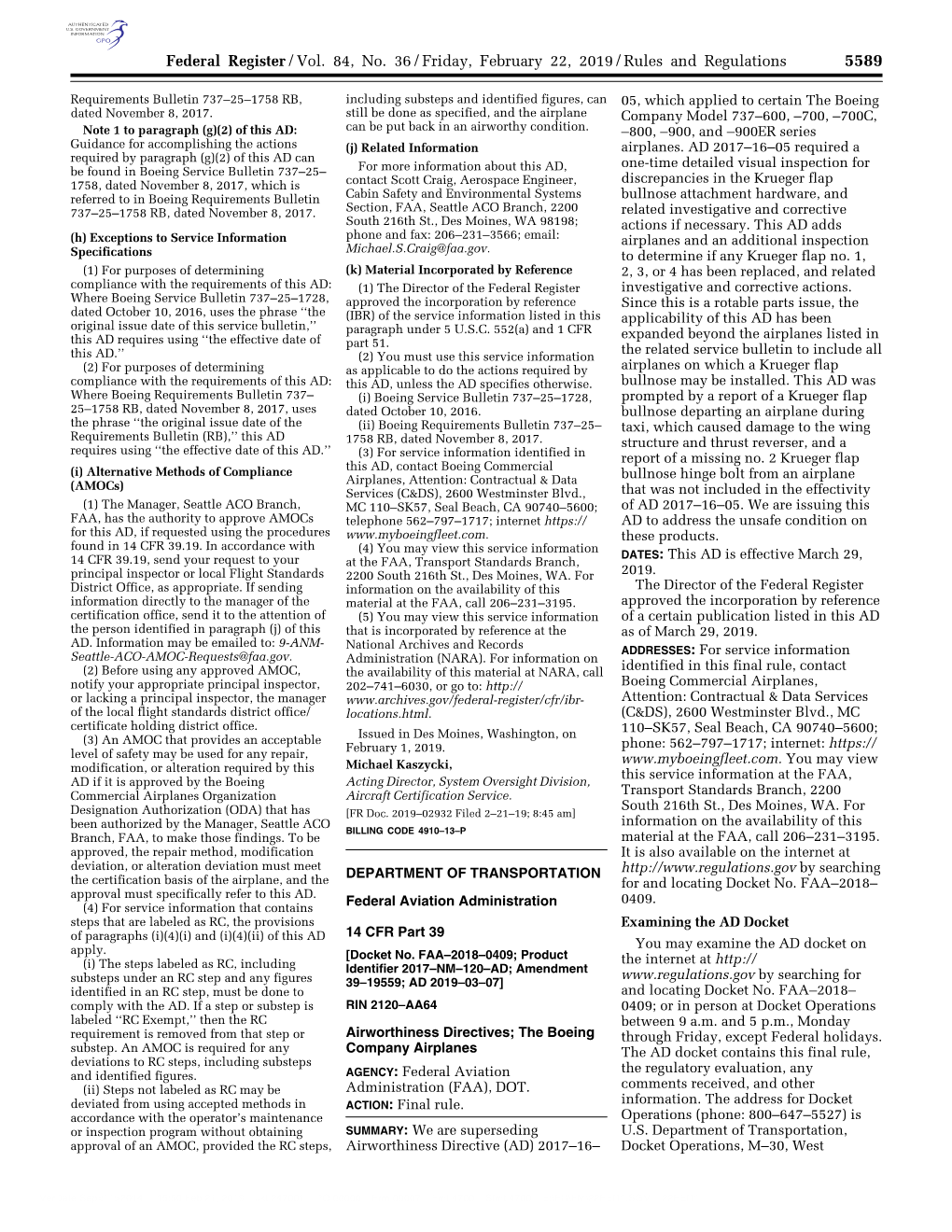 Federal Register/Vol. 84, No. 36/Friday, February 22, 2019/Rules