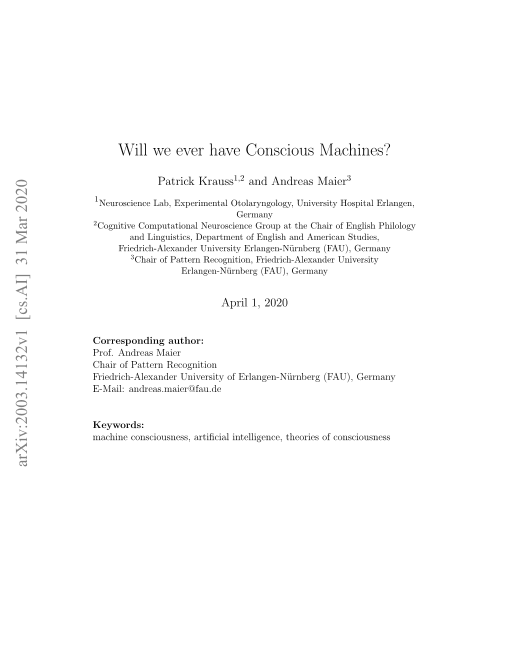 Will We Ever Have Conscious Machines? Arxiv:2003.14132V1