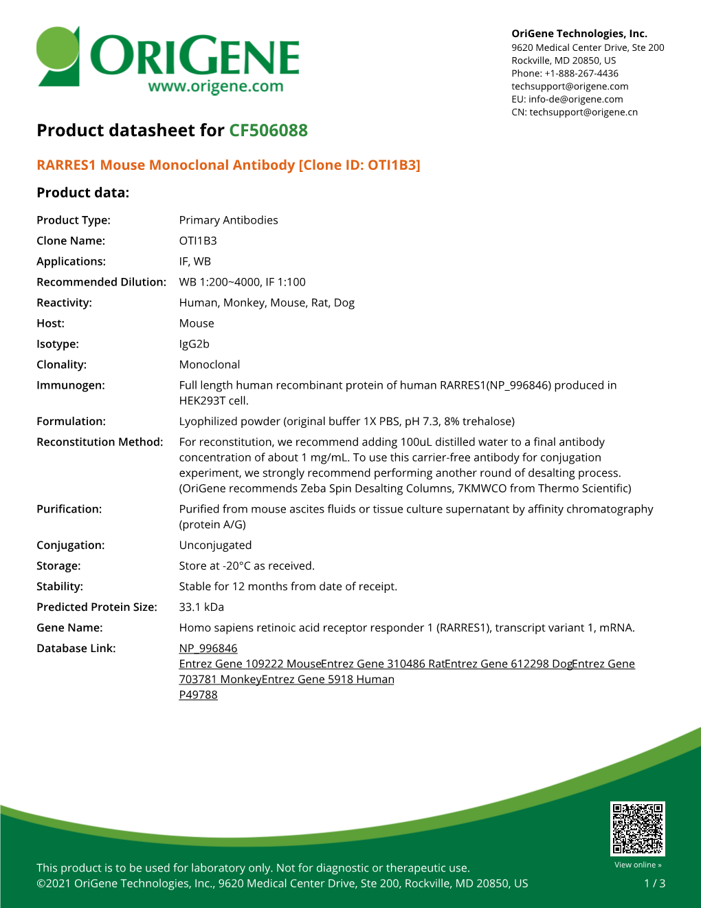 RARRES1 Mouse Monoclonal Antibody [Clone ID: OTI1B3] Product Data