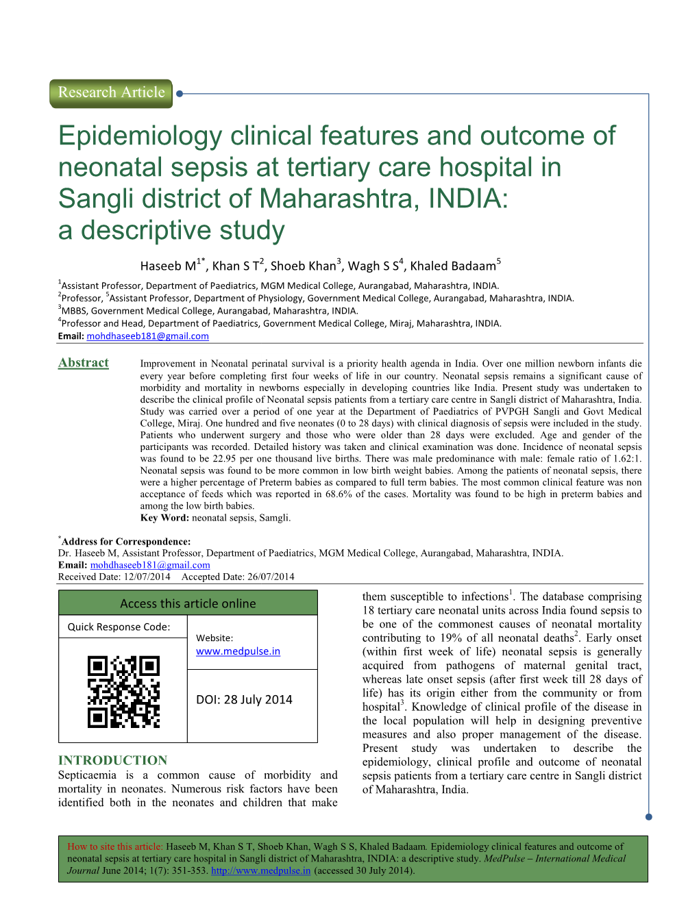 Epidemiology Clinical Neonatal Sepsis at Sangli District of Maharashtra A