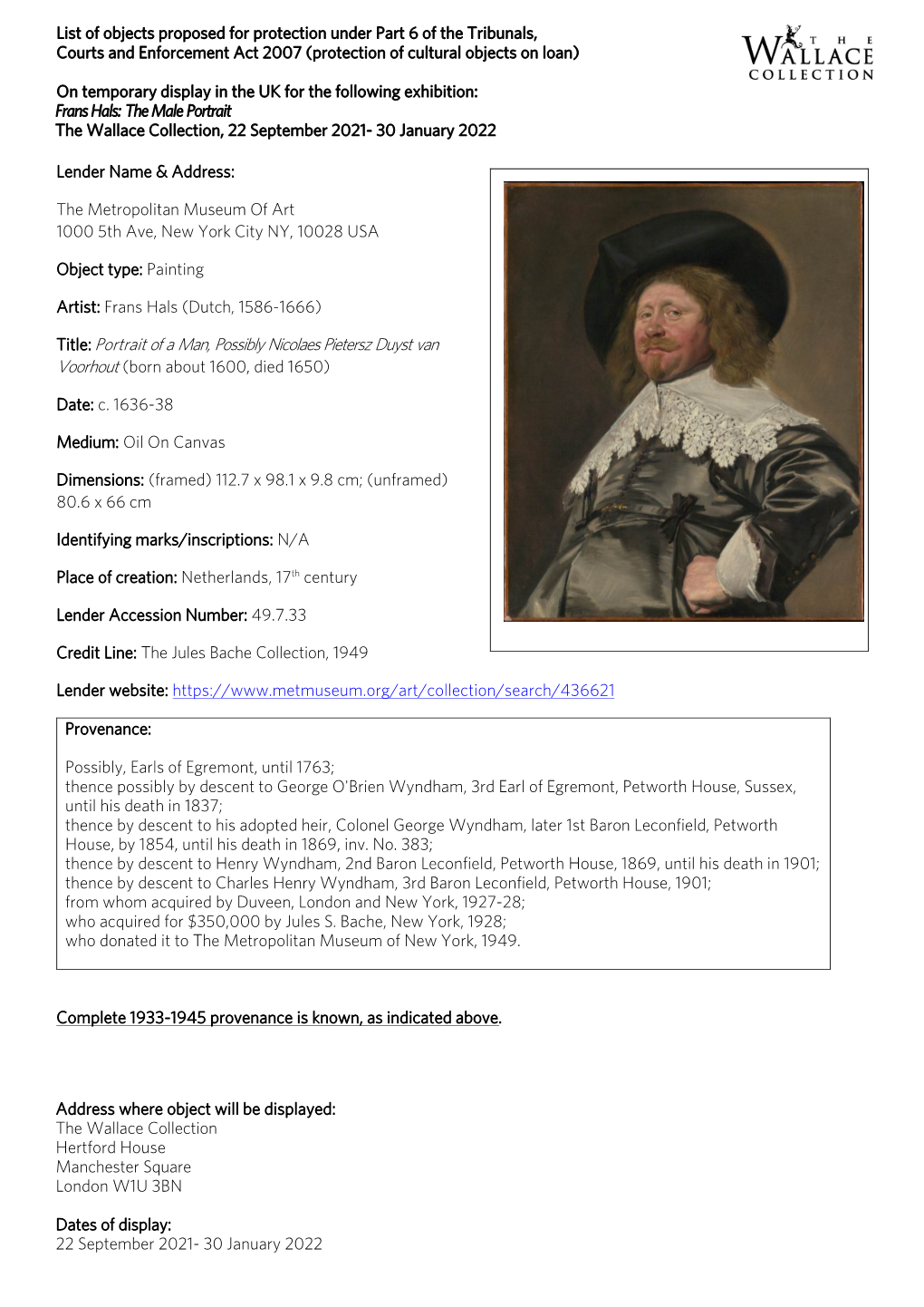 Frans Hals: the Male Portrait the Wallace Collection, 22 September 2021- 30 January 2022