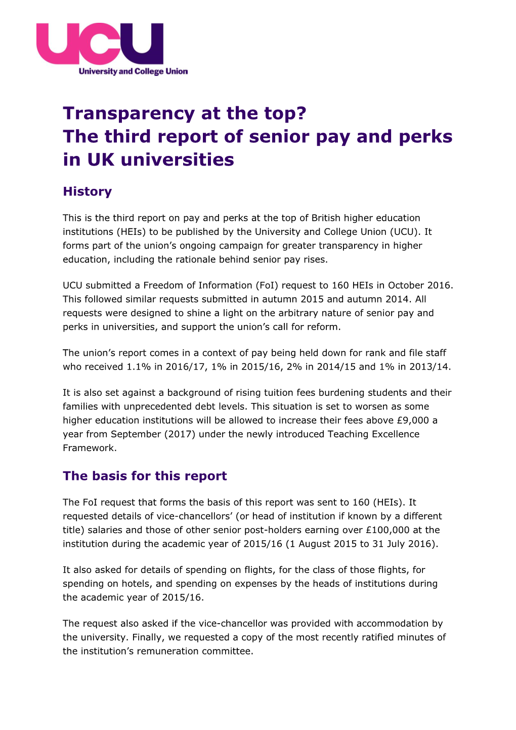 Transparency at the Top? the Third Report of Senior Pay and Perks in UK Universities