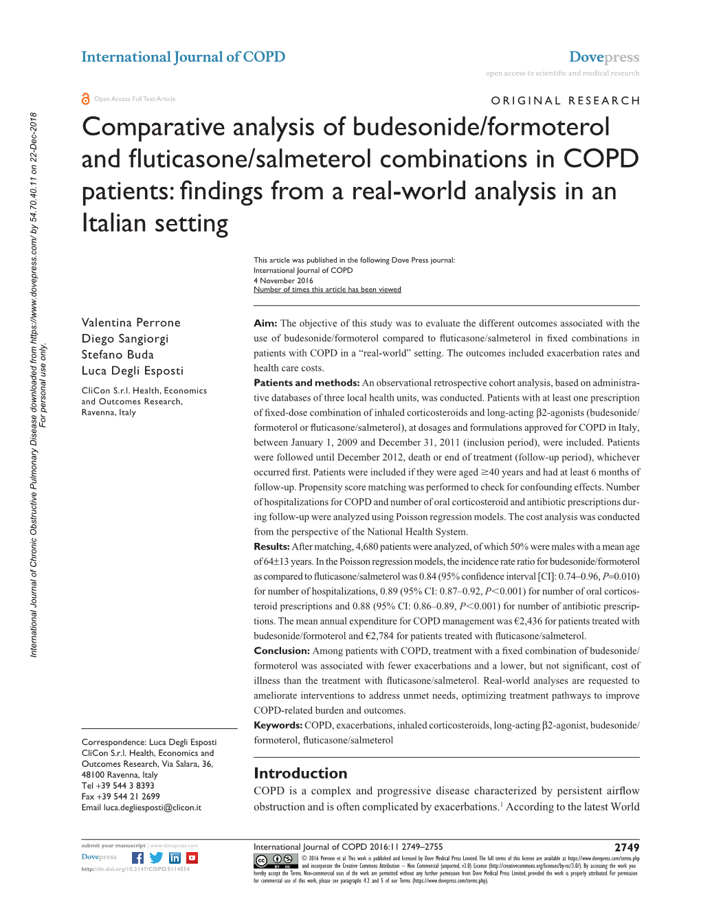 Comparative Analysis of Budesonide/Formoterol and Fluticasone/Salmeterol Combinations in COPD Patients: Findings from a Real-World Analysis in an Italian Setting