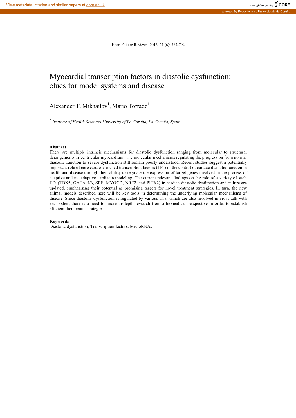 Myocardial Transcription Factors in Diastolic Dysfunction: Clues for Model Systems and Disease