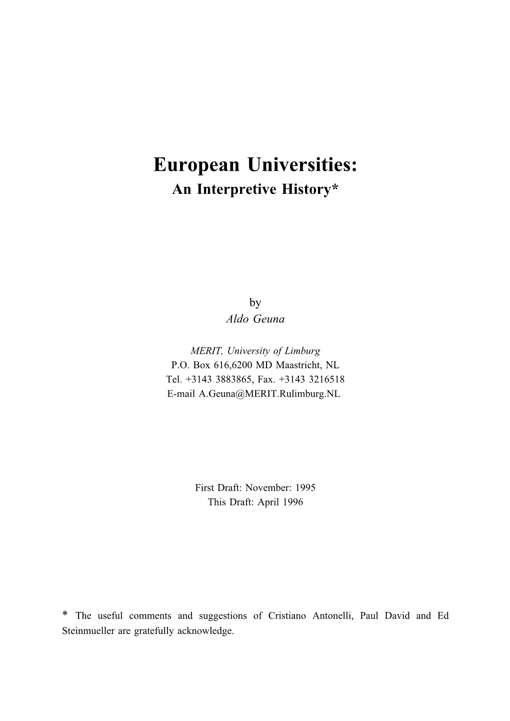 European Universities: an Interpretive History*