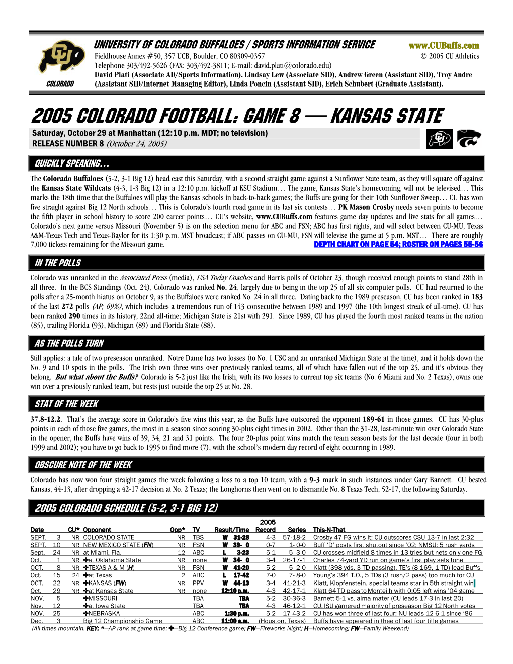 2005 COLORADO Football: GAME 8 — KANSAS STATE Saturday, October 29 at Manhattan (12:10 P.M