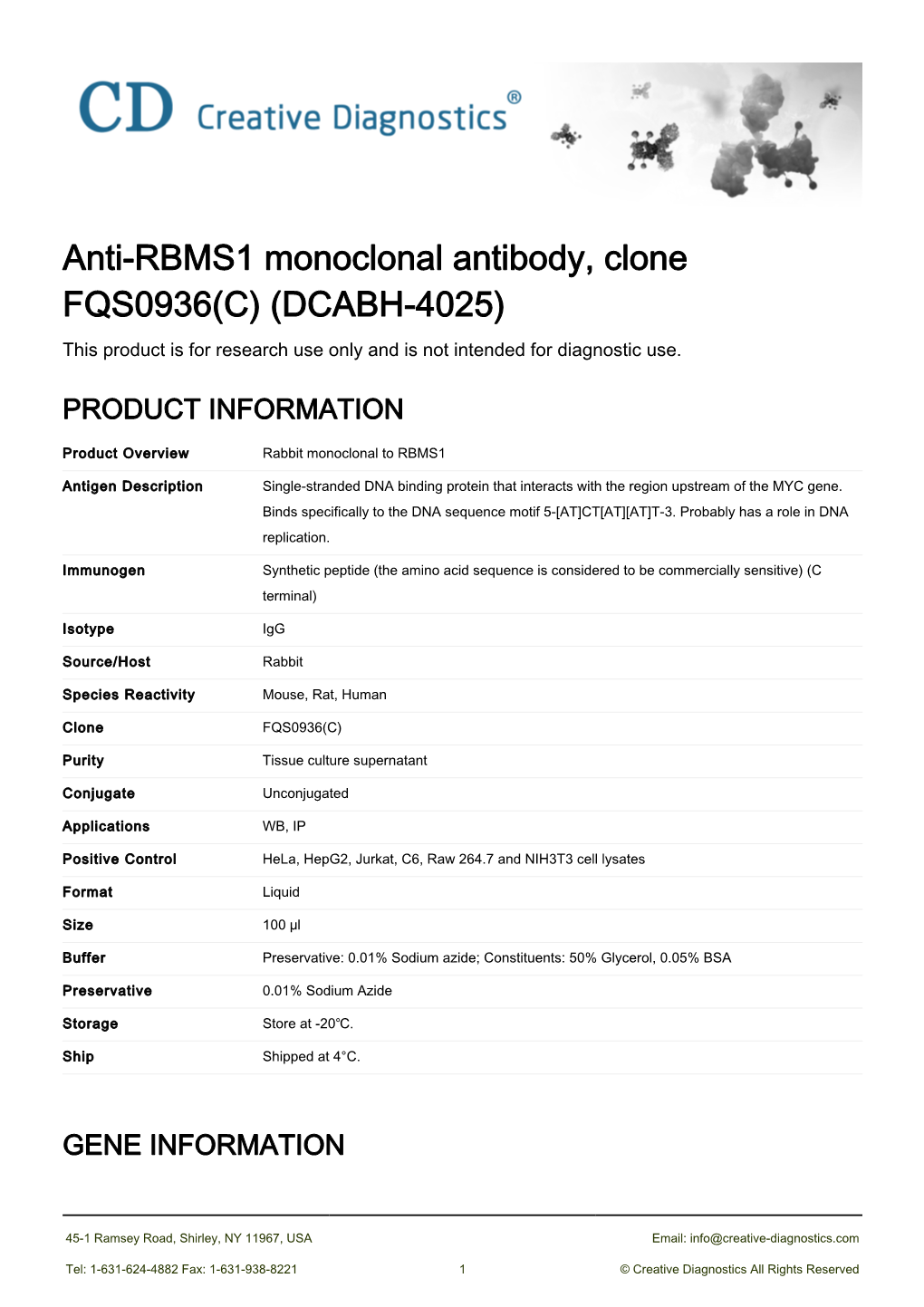 Anti-RBMS1 Monoclonal Antibody, Clone FQS0936(C) (DCABH-4025) This Product Is for Research Use Only and Is Not Intended for Diagnostic Use