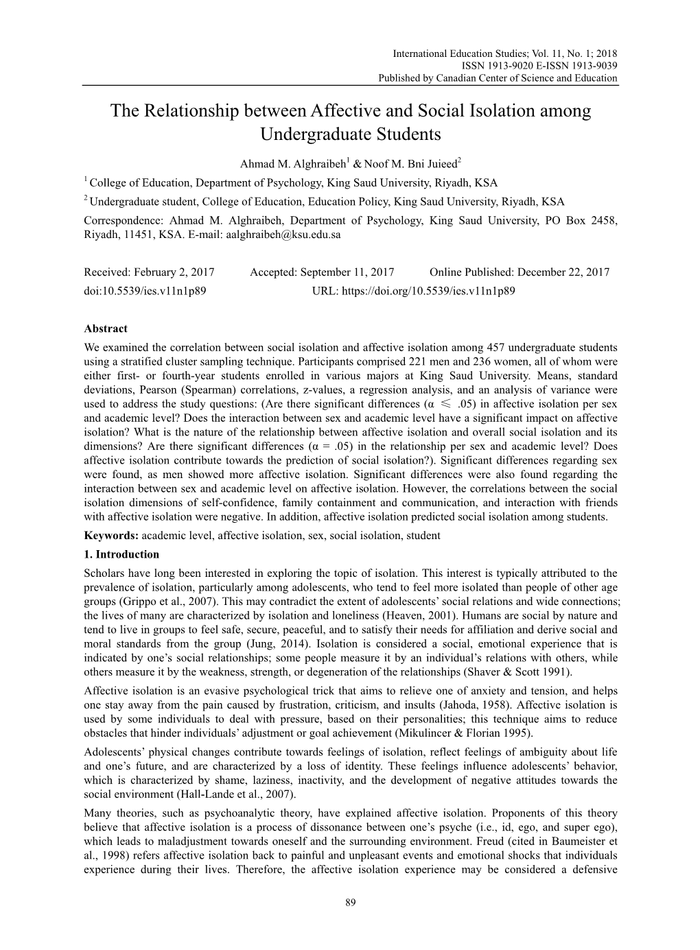 The Relationship Between Affective and Social Isolation Among Undergraduate Students