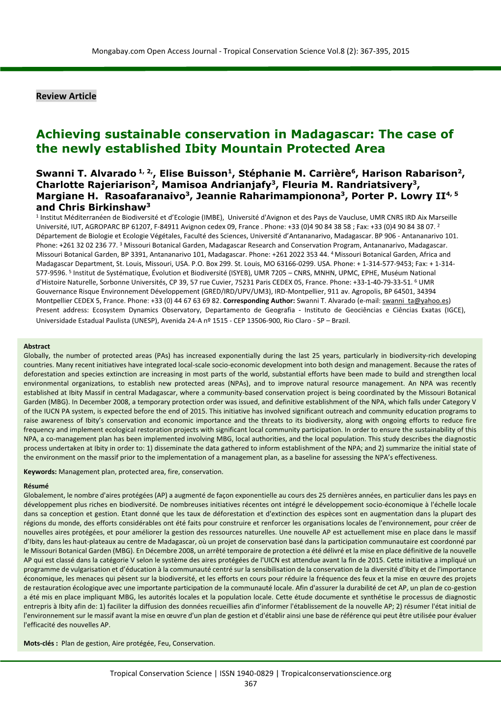 Achieving Sustainable Conservation in Madagascar: the Case of the Newly Established Ibity Mountain Protected Area