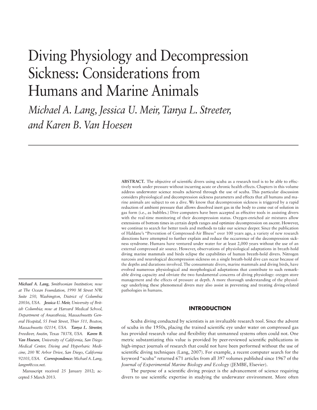 Diving Physiology and Decompression Sickness: Considerations from Humans and Marine Animals Michael A