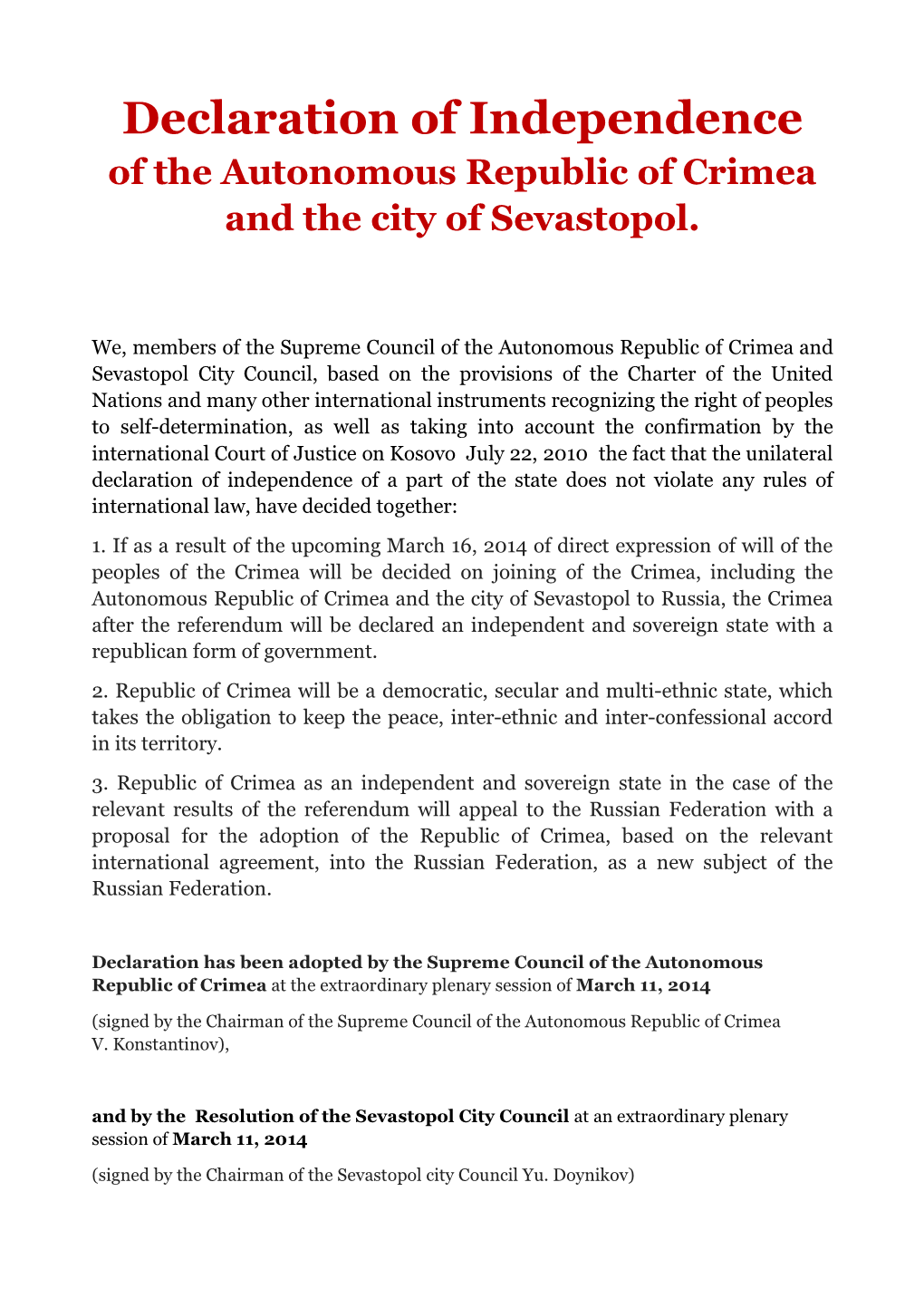 Declaration of Independence of the Autonomous Republic of Crimea and the City of Sevastopol