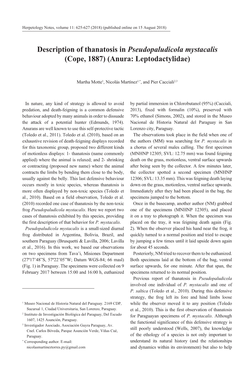 Description of Thanatosis in Pseudopaludicola Mystacalis (Cope, 1887) (Anura: Leptodactylidae)