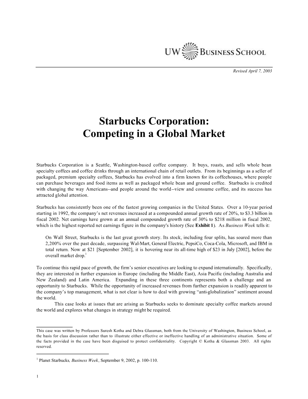 Starbucks Corporation: Competing in a Global Market