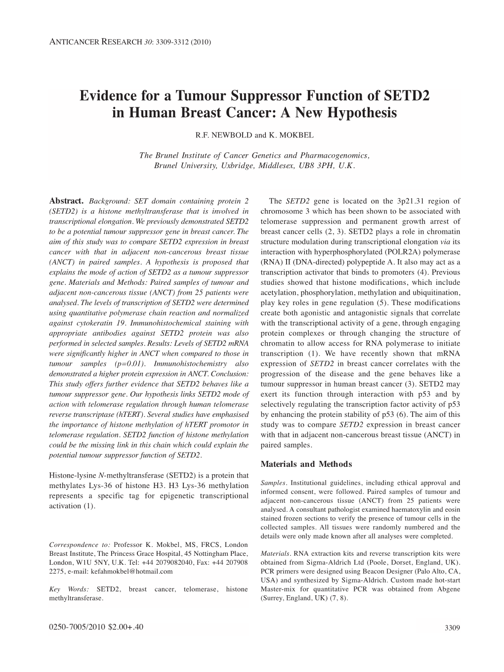 Evidence for a Tumour Suppressor Function of SETD2 in Human Breast Cancer: a New Hypothesis