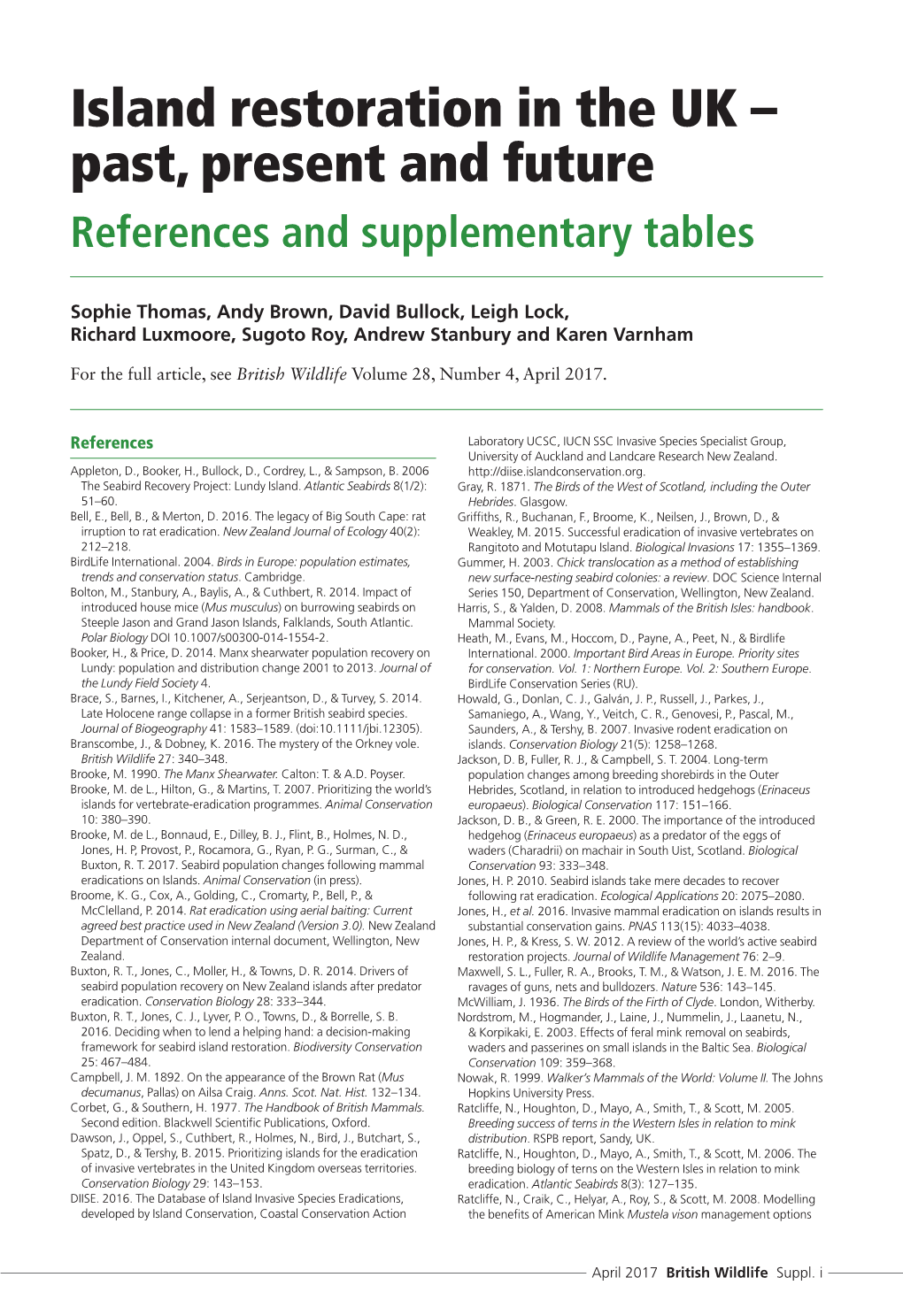 Island Restoration in the UK – Past, Present and Future References and Supplementary Tables